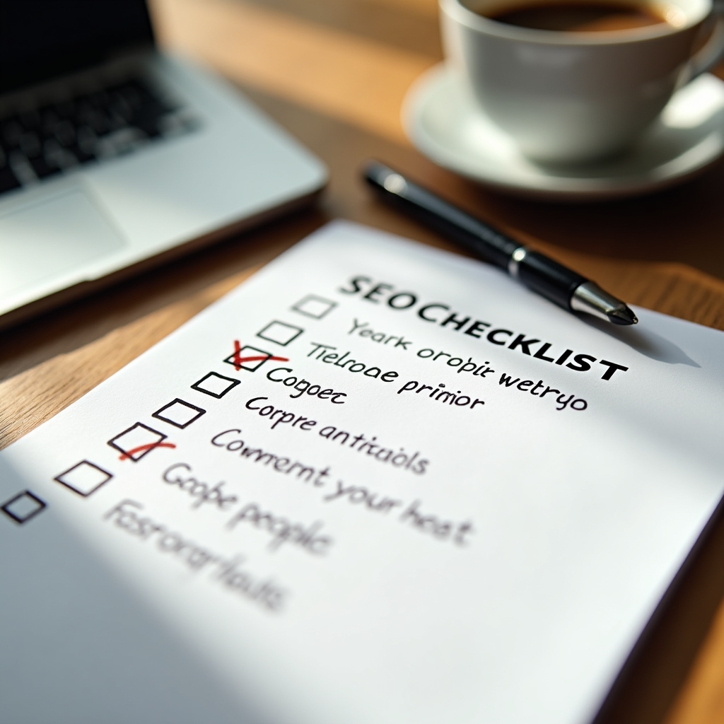 Close-up of a printed SEO checklist and pen resting on a desk beside a laptop