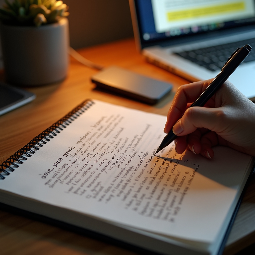 Notebook filled with handwritten notes about website content sitting beside a laptop showing a webpage