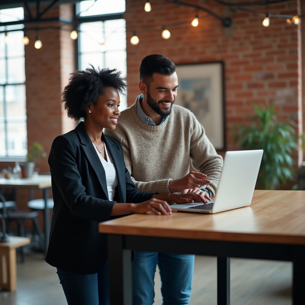Two small business owners discussing partnership opportunities over a laptop in a bright office