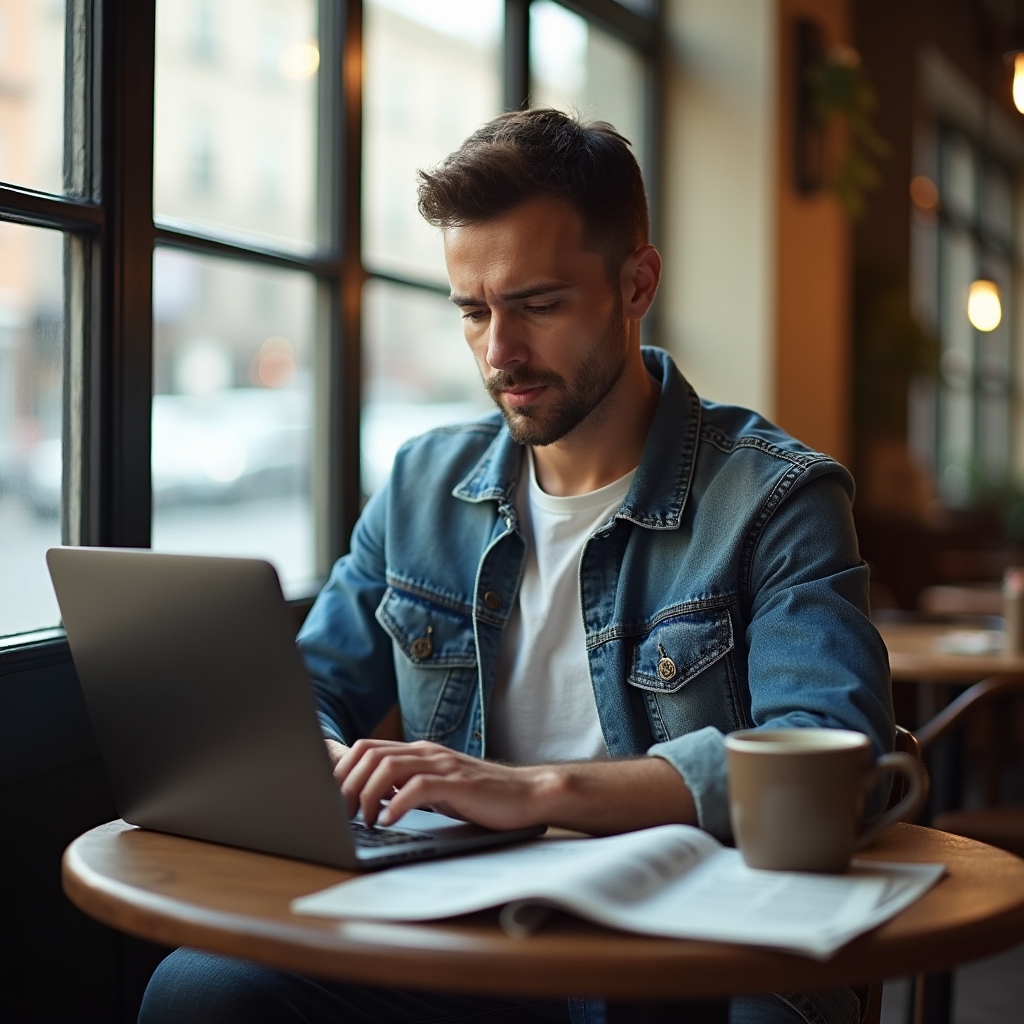 Small business owner sitting at a cafe table checking website traffic on a laptop with a concerned expression