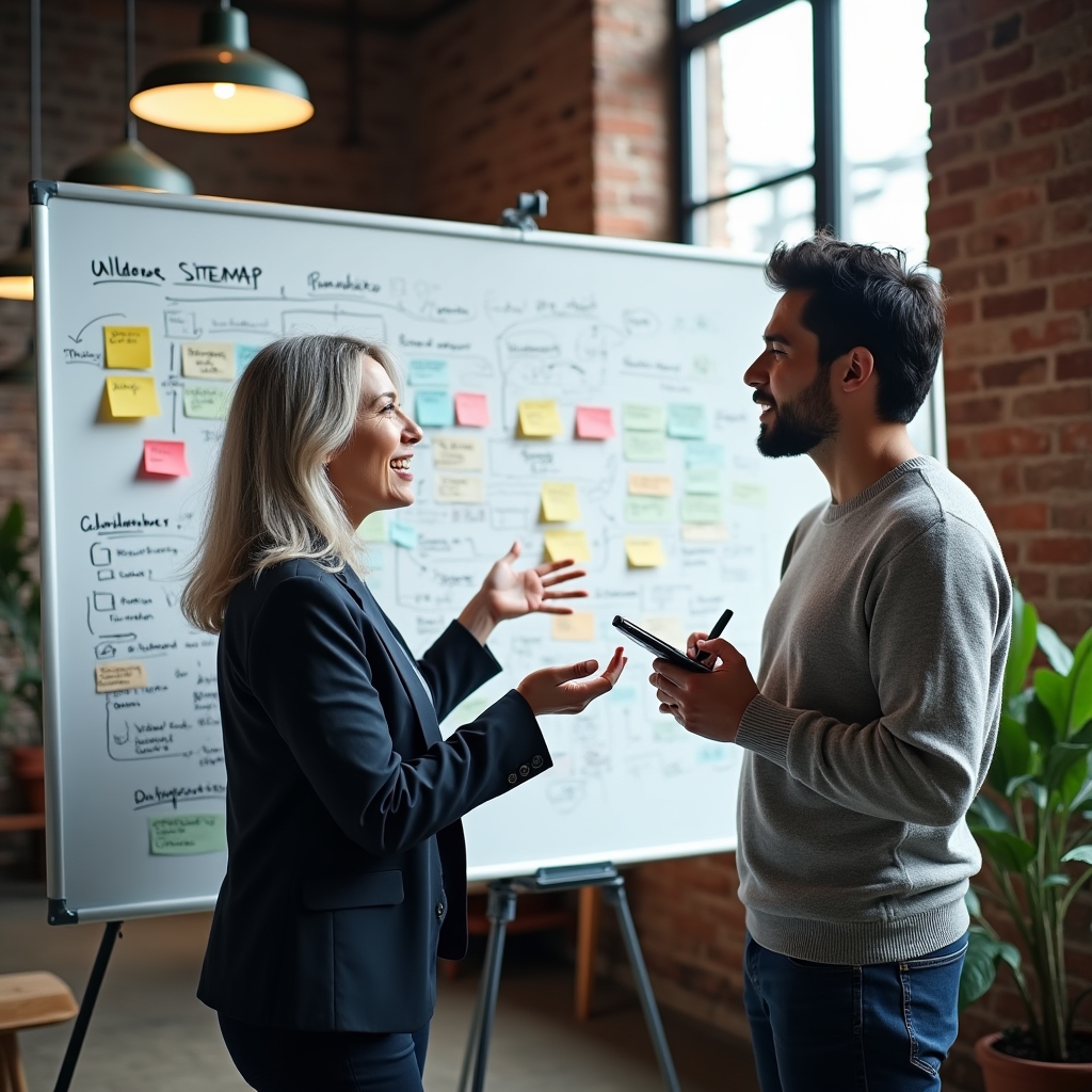 Two people planning a website structure on a whiteboard with sticky notes and a laptop nearby