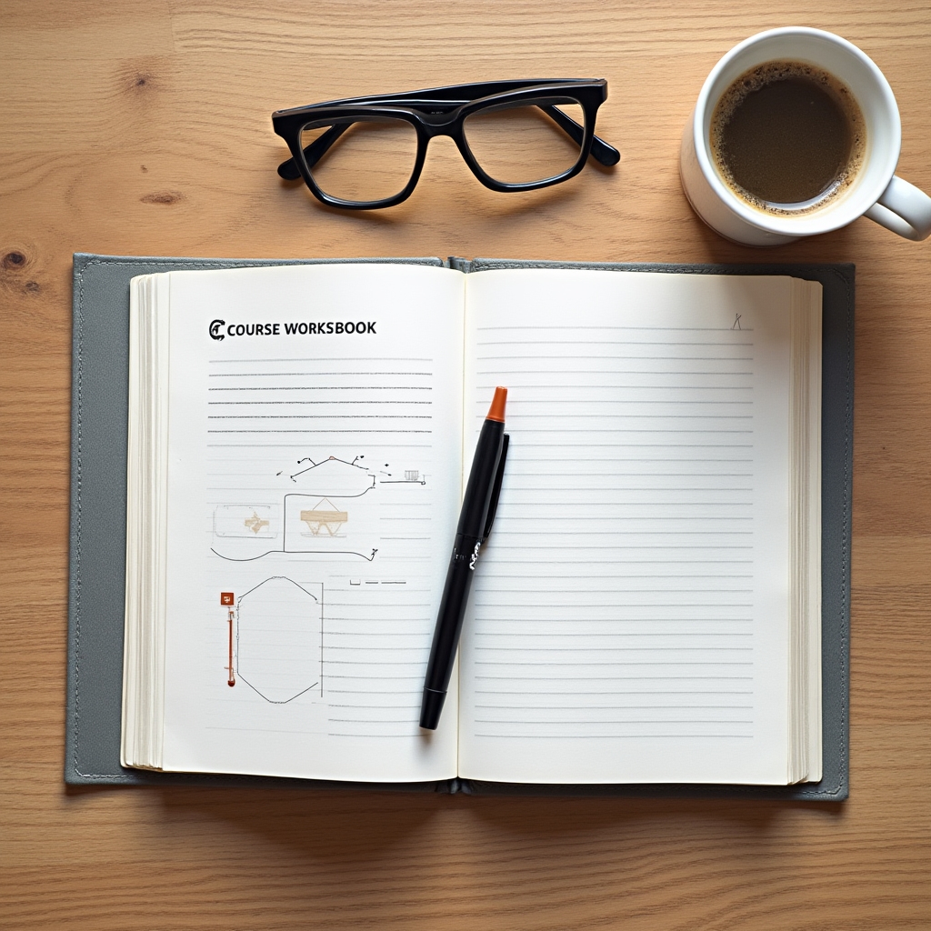 Flat lay of a printed course workbook, pen, and coffee cup on a wooden desk